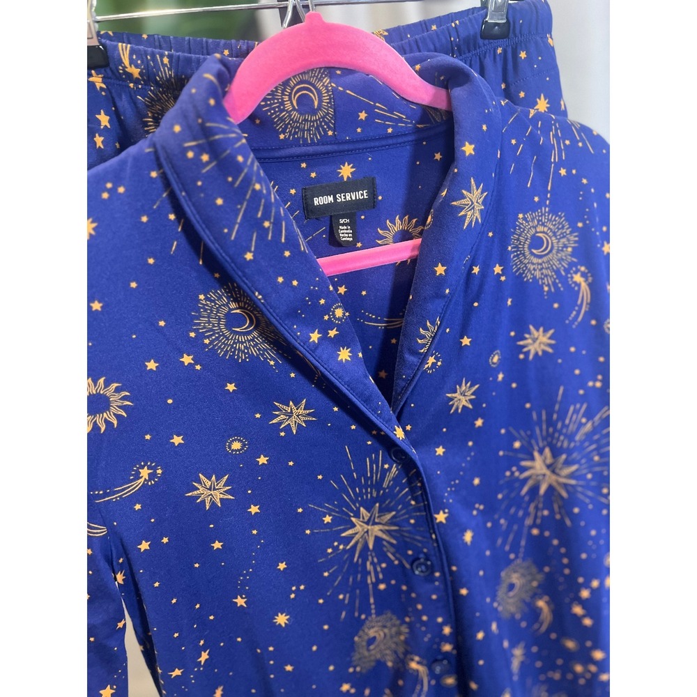 Room Service Women Blue Gold Celestial Pajama Set Moon Star Sun Print Small - Picture 2 of 9